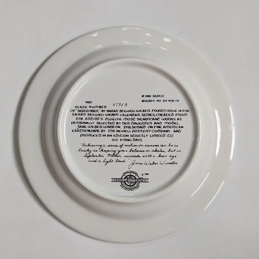 Sara Stilwell Webber Calendar Collections Plate September By Newell Pottery 1984